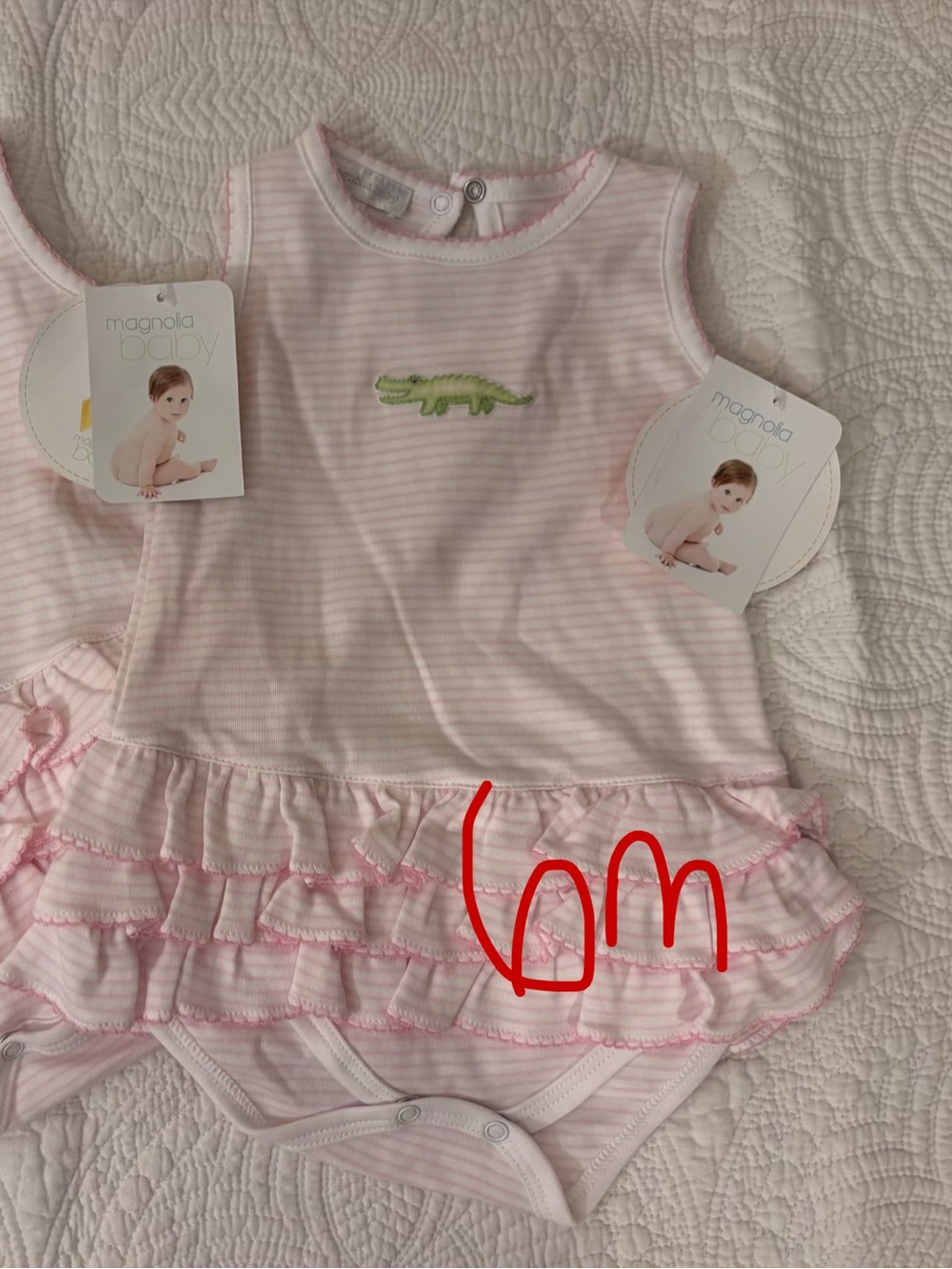 Magnolia Baby Pink Striped Ruffle Bodysuit with Green Alligator Applique